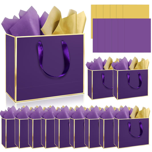 Epoesch 12 Pack Fancy Purple Gift Bags with Handles and 24 Tissue Paper, Medium Size11.8"x10"x4" Inch for Party Shopping, Birthdays, Weddings, Corporate Gifts, Easter, Mother's Day, Holiday (Dark Purple Gold)