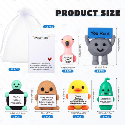 Gejoy 12 Pcs Pocket Hug Gift Set Tiny Rubber Figurines with Inspirational Message Organza Bags Glue Points Motivational Positive Gifts for Graduation Family Friends Colleagues Teachers(Classic)