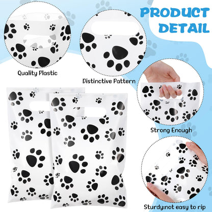 Pasimy 100 Pcs Dog Paw Gift Bags Bulk Pet Paw Puppy Plastic Treat Favor Candy Goodie Bags with Handle for Dog Birthday Party Decoration Supplies(White,Black)