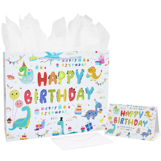 Oletx 13" Dinosaur Gift Bags with Handle,Happy Birthday Party Favor Wrapping Bags with Tissue Paper Greeting Card