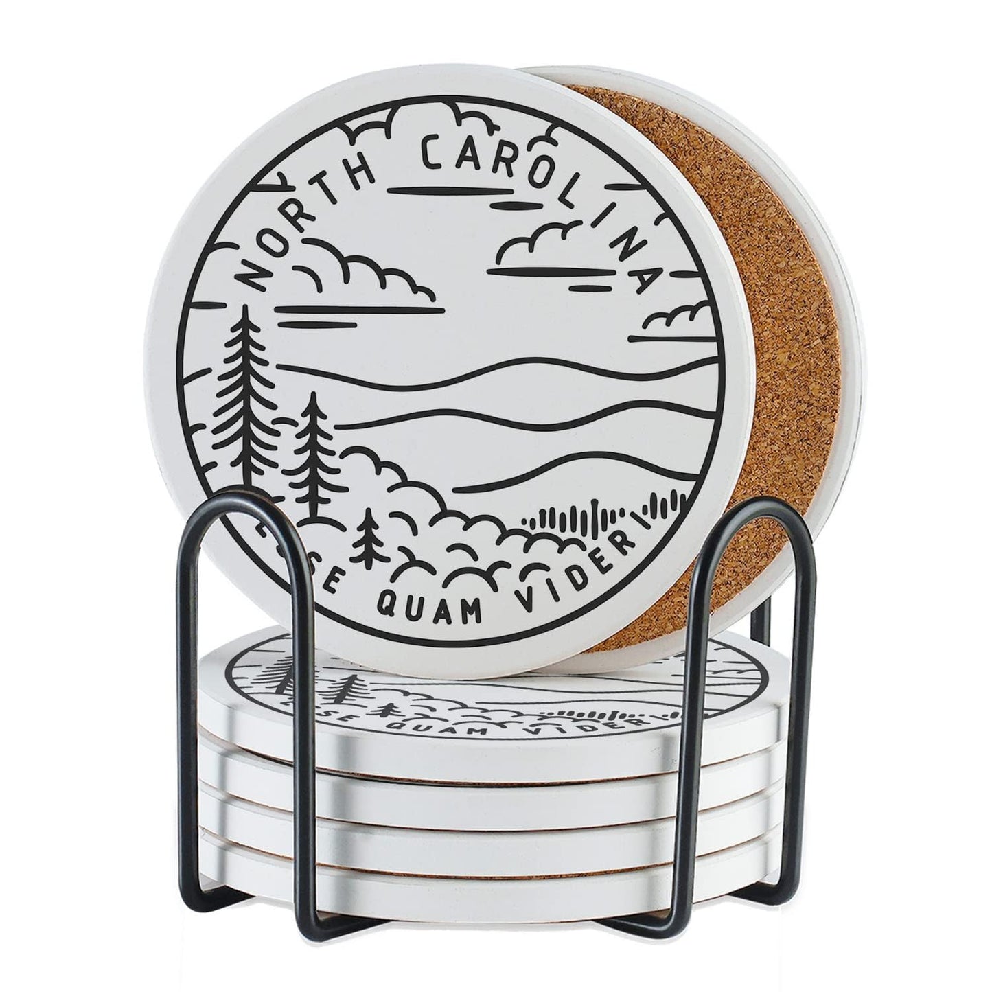 Onebttl North Carolina Gifts Coaster Souvenir, Travel Homesick Gifts, Home Decor for Women, Moving, Housewarming, Set of 6, Ceramic, Absorbent with Cork Base