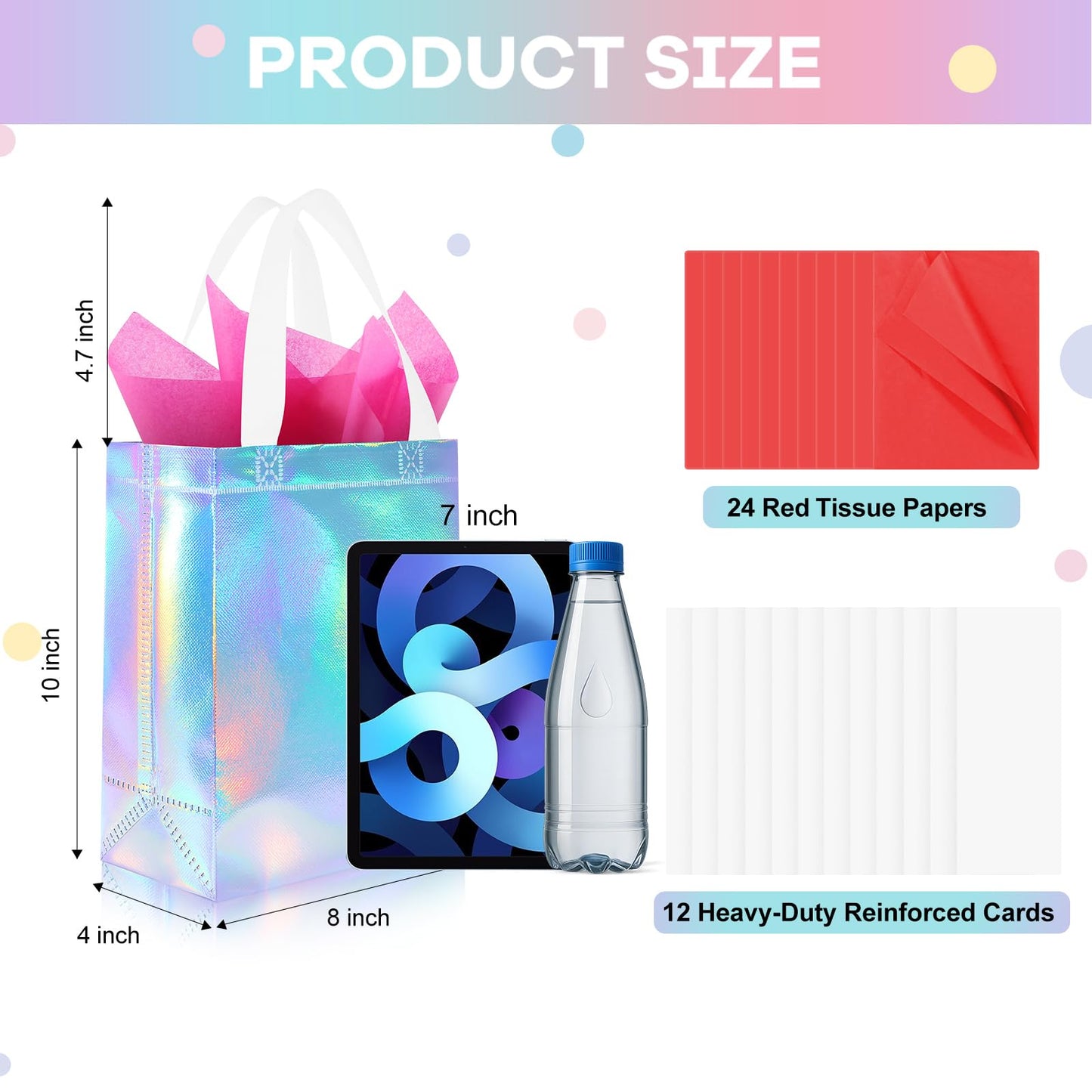 Addblu 12 Pack Reusable Gift Bags with Handles & 24 Tissue Papers, 10x4x8 Inch Iridescent Gift Bags with Cardboard Bases for Shopping, Parties, Birthdays, Weddings, Holiday (Red Gift Bag)