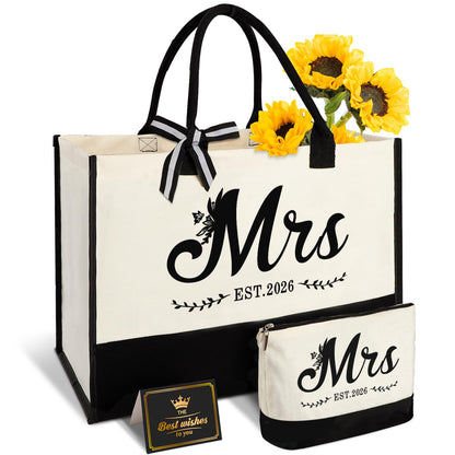 Mrs 2026 Bride Canvas Tote Bag with Makeup Bag, Wedding Gifts for Bridal Shower Bachelorette Party Engagement Honeymoon, Miss to Mrs, Bride to Be Gifts
