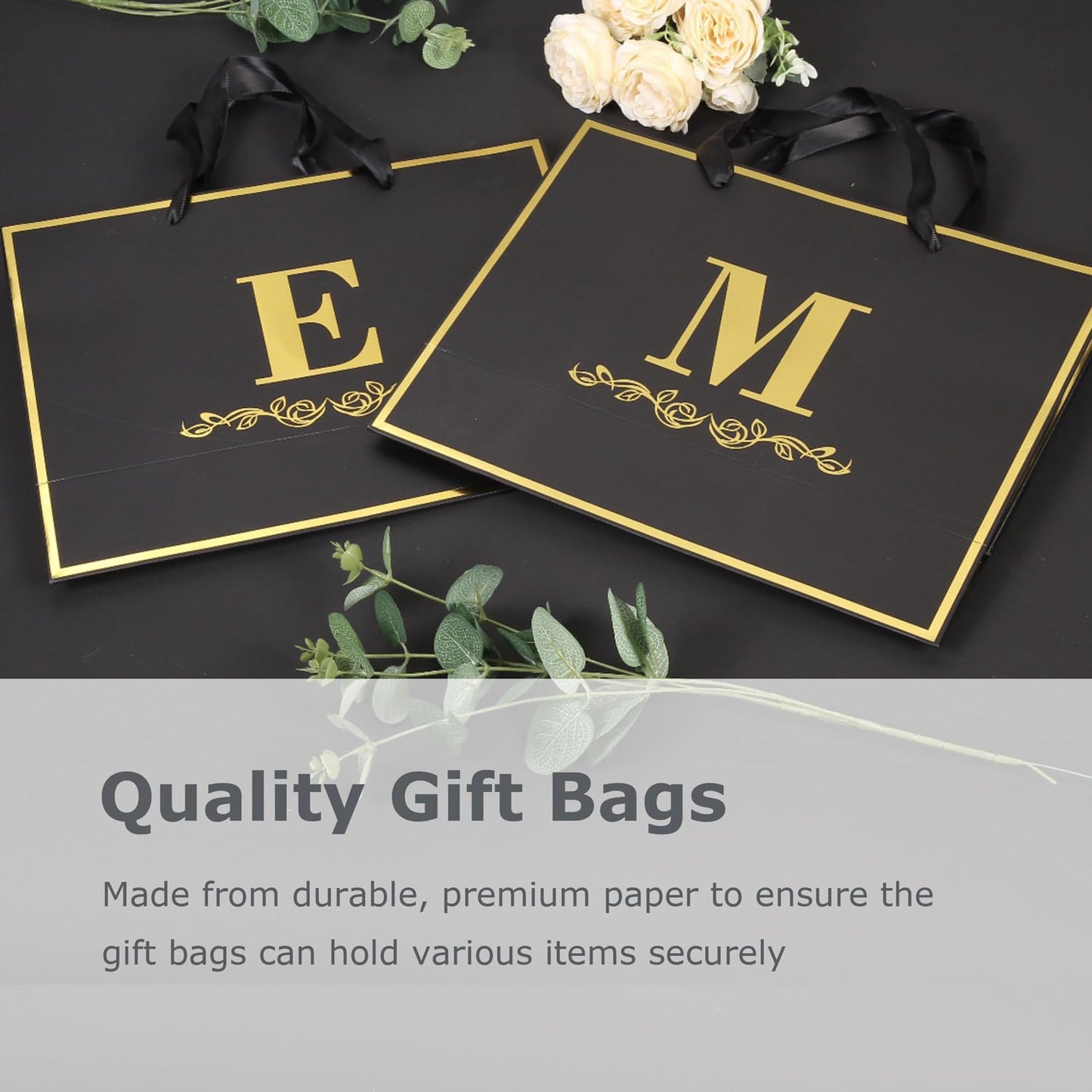 momoake Alphabet Birthday Gift Bag with Card and Tissue Paper for Men Women, 13" Large Black Gold Personalized Bridal Party Gift Paper Bag for Gifts Wrapping - (Letter J)