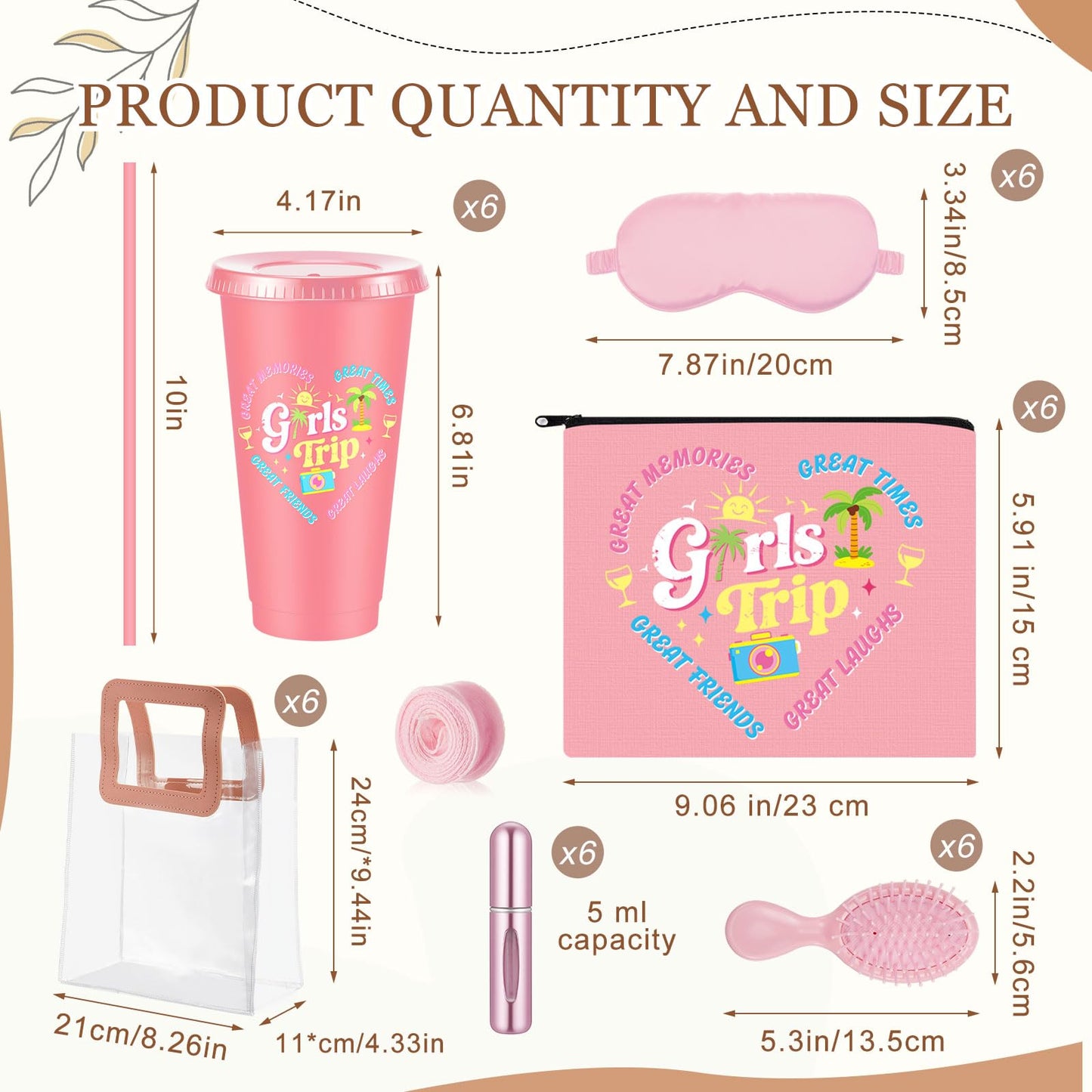 LemonRoad 6 Set/37 Pcs Girls Trip Gifts Plastic Tumbler Cup, Girl Weekend Gift Eye Masks Perfume Travel Bottle Cosmetic Bag Combs for Women Travel Friendship Wedding Bachelorette Party(Bright Color)