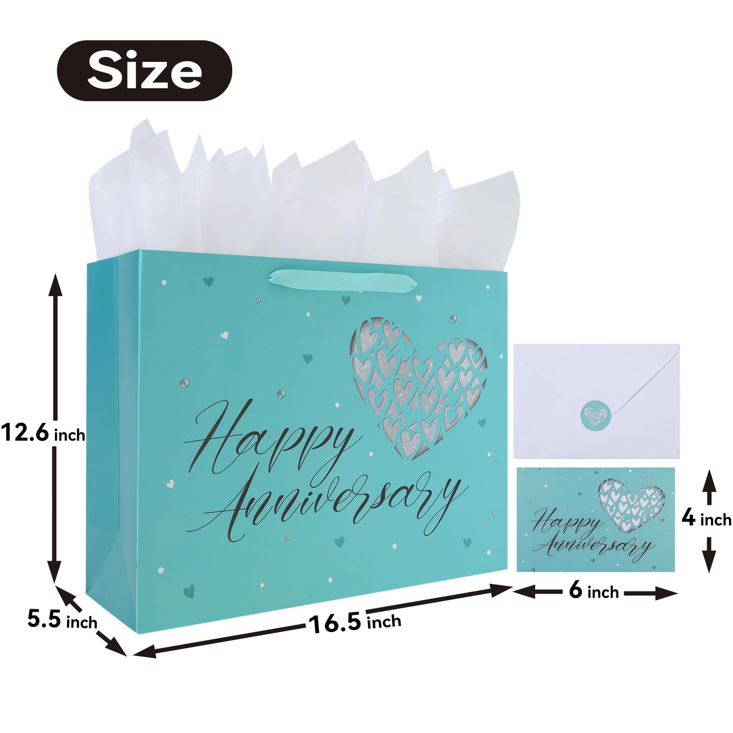 16.5” Extra Large Gift Bag Set with Handles, Greeting Card, Tissue Papers and Stickers for Valentine's Day, Anniversary Women Men Husband Wife Boyfriend Girlfriend or Romantic Partner, Heart Design, 1 Pcs