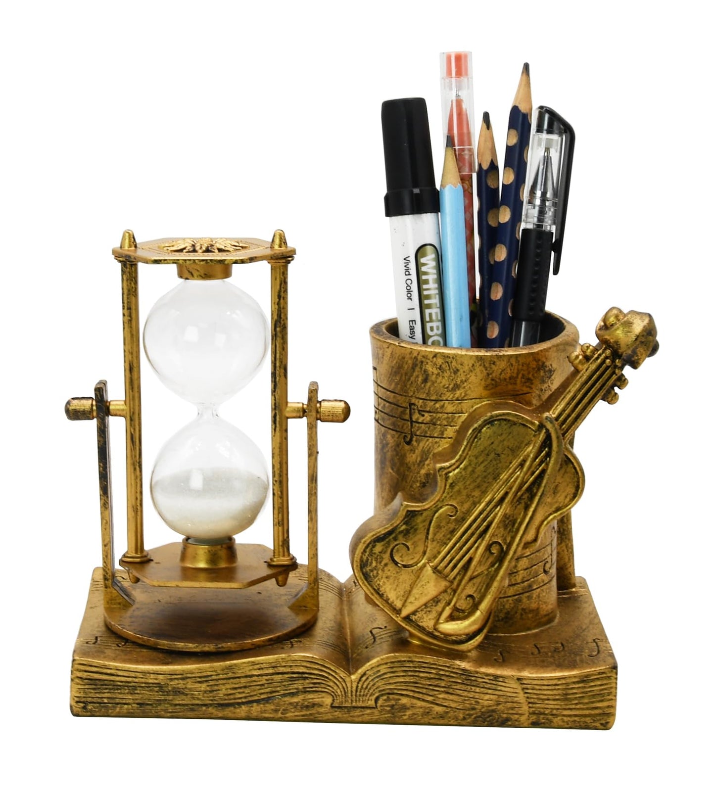 Violin-Themed Pencil Holder with Hourglass, Resin Desktop Organizer for Office & Study, Pen Holder with Sand Timer, Classic Music Addition Scissors Storage, Artistic Gift for Violin Lovers