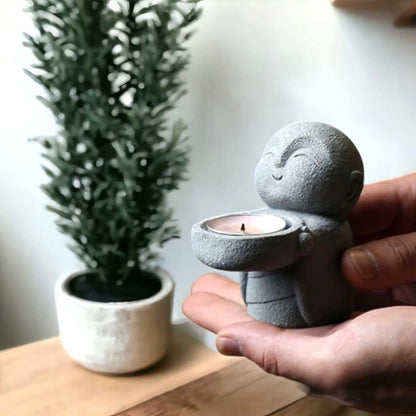 Sandstone Buddha Statue Candle & Incense Cone Holder, Small Jizo Figurine for Home Decor, Tiny Buddha Zen Monk Tealight Holder for Desk, Shelf or Nightstand, 3.5" H Mini Stone Decor Gift