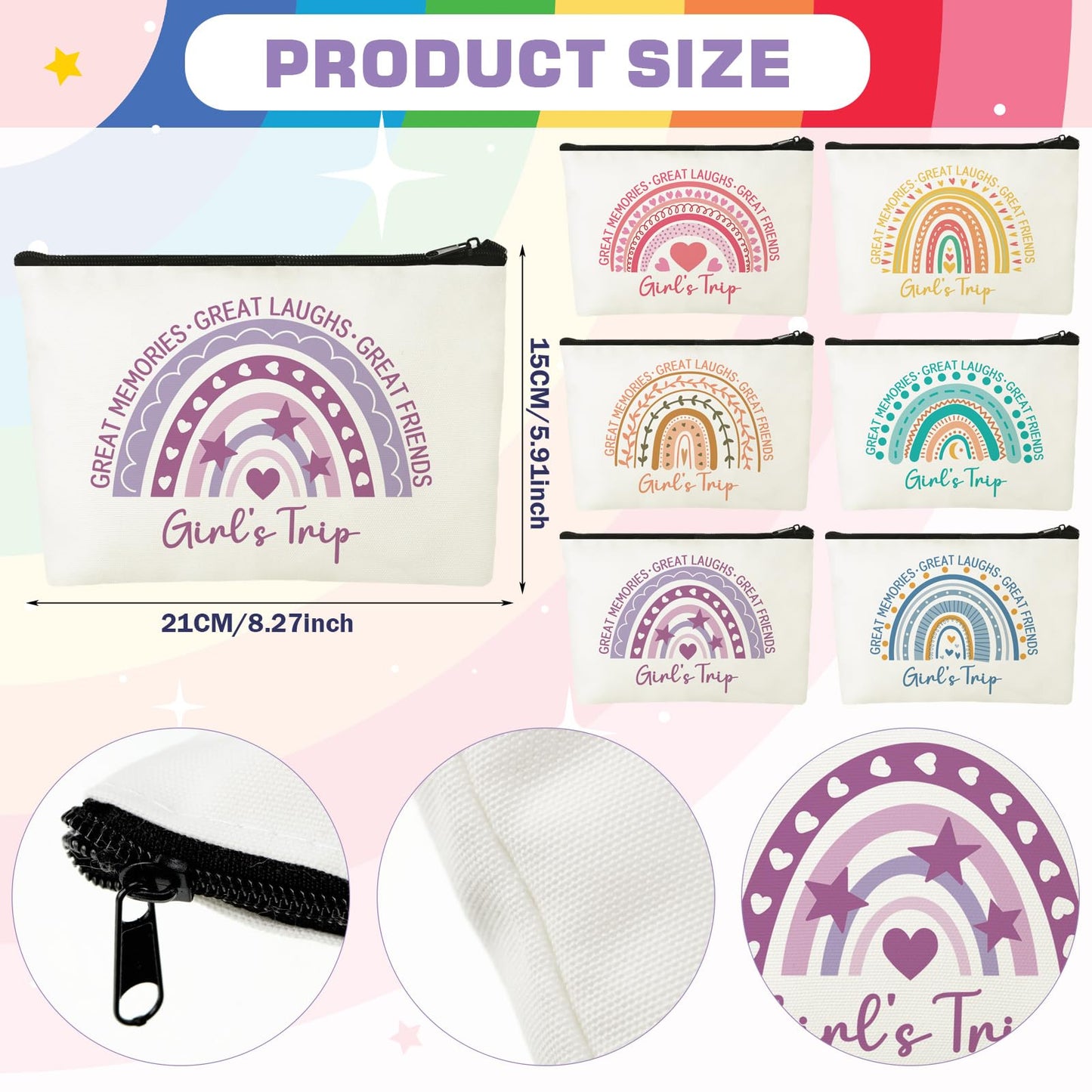 Sweetude 12 Pcs Girls Trip Gifts Favors Girls Weekend Gifts Rainbow Makeup Bag Portable Zipper Toiletry Cosmetic Bags Bachelorette Travel Pouch for Women Friendship Bestie Party Favors