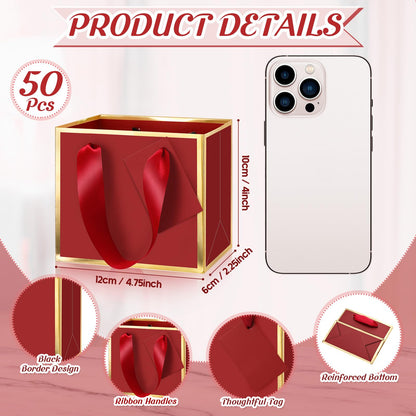 Yeaqee 50 Pcs Mini Metallic Paper Gift Bags with Handle 4.75x2.25x4'' Small Gift Bag DIY Tag Thank You Party Favor for Graduation Father's Day Wedding Baby Shower Birthday Jewelry (Burgundy Red,Gold)