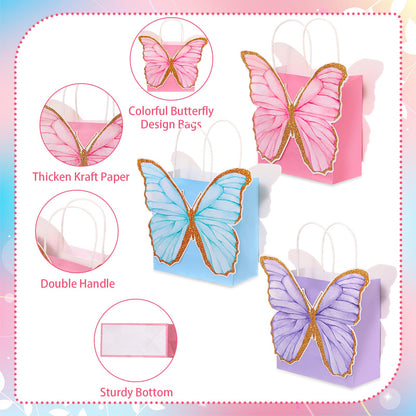 MotiMind 24 Pcs Butterfly Party Favor Bags with Handles Pink Purple Blue Butterfly Goodie Gift Paper Treat Candy Bags for Birthday Party Bridal Showers Supplies (Fresh Colors)