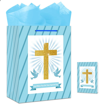 BIZIBAFF First Communion Gifts Bag for Boys Girls - 13" Baptism Gifts Bag with Tissue Paper Easter Religious Christian Gift Bag Christenings Confirmations Gifts for Baby Boys Girls