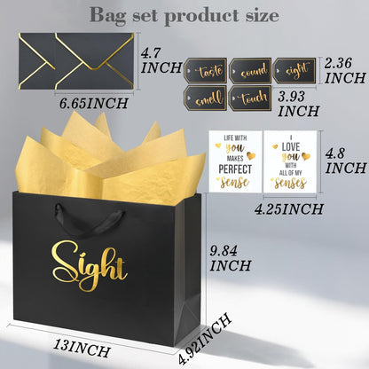 5 Senses Gift Bags for Him Her with Labels Birthday Decorations, Gold Foil Five Senses Gift Bags with Handle Tissue Paper Balloon Envelopes Cards Rose Petals Party Decor 13" x 10" x 5" Inches (Black)