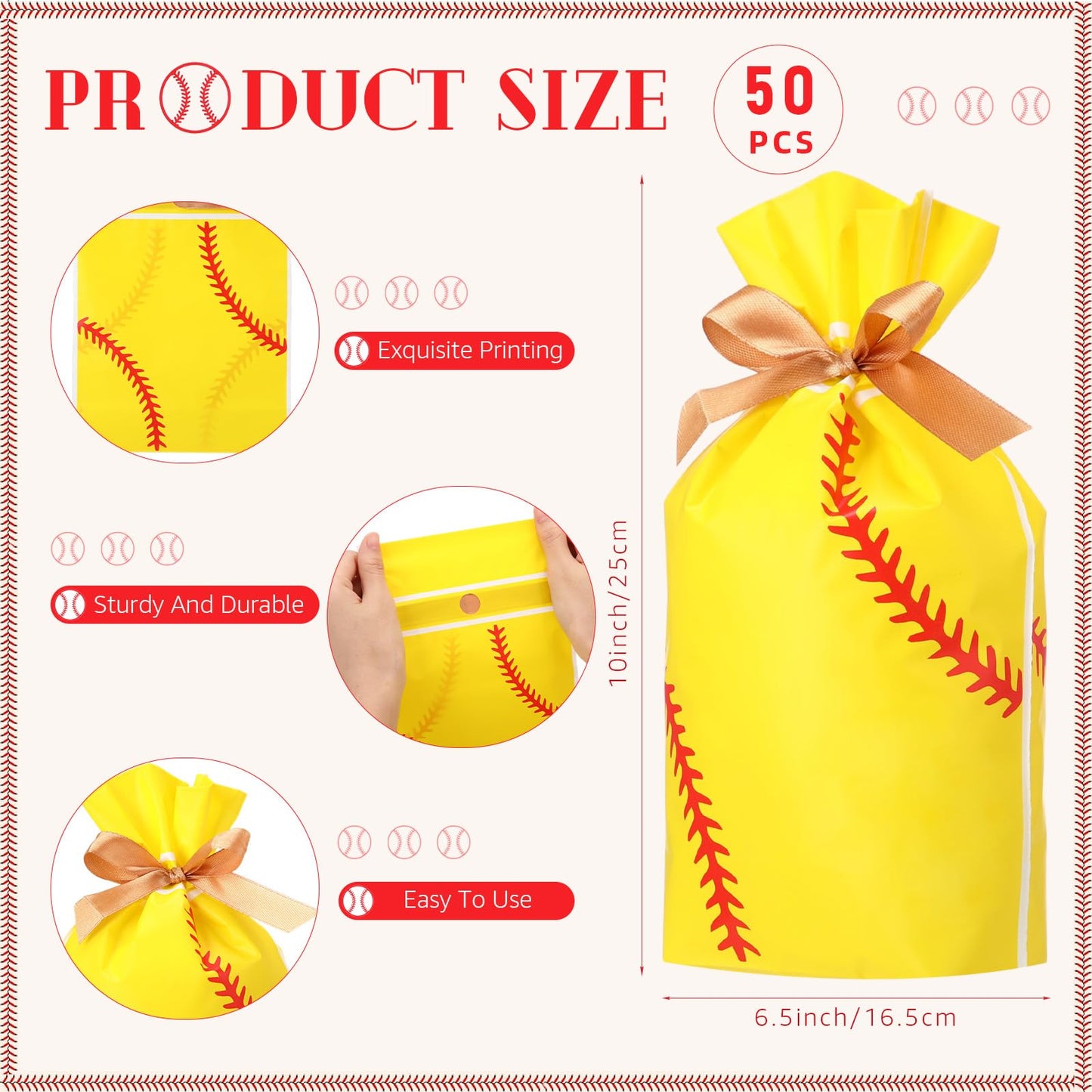 SilTriangle 50 Pcs Softball Party Gift Bags for Team Girls Plastic Softball Snack Bag Goodie Bags with Drawstring for Daughter's Game Party Supplies
