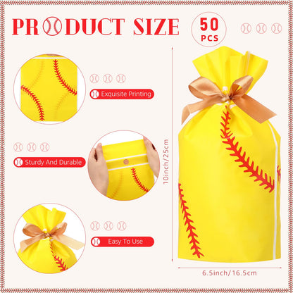 SilTriangle 50 Pcs Softball Party Gift Bags for Team Girls Plastic Softball Snack Bag Goodie Bags with Drawstring for Daughter's Game Party Supplies
