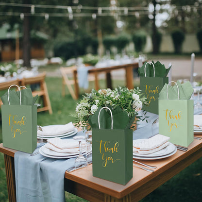 Whaline 30Pcs Sage Green Thank You Paper Gift Bags 6.3 x 3.1 x 8.7 inch 3 Colors Gold Foil Thank You Party Favor Bag with Handle 40 Sheet Tissue Paper for Wedding Birthday One Lucky Duck Gift Wrapping