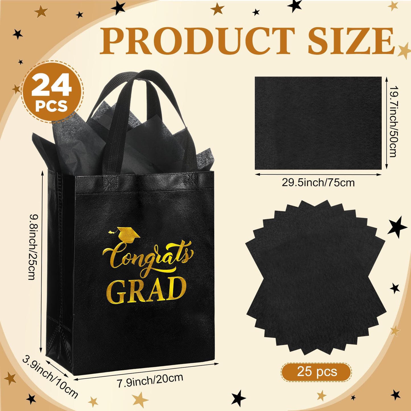 HunnmingRe 24 Sets Graduation Gift Bags 2026 Bulk Shiny Non Woven Black Gold Congrats Grad Tote Bag with Handles and Tissue Wrapping Papers for College High School Party Favors, 8 x 10 x 4 Inch