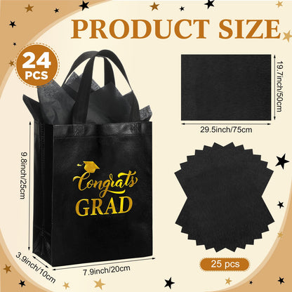 HunnmingRe 24 Sets Graduation Gift Bags 2026 Bulk Shiny Non Woven Black Gold Congrats Grad Tote Bag with Handles and Tissue Wrapping Papers for College High School Party Favors, 8 x 10 x 4 Inch