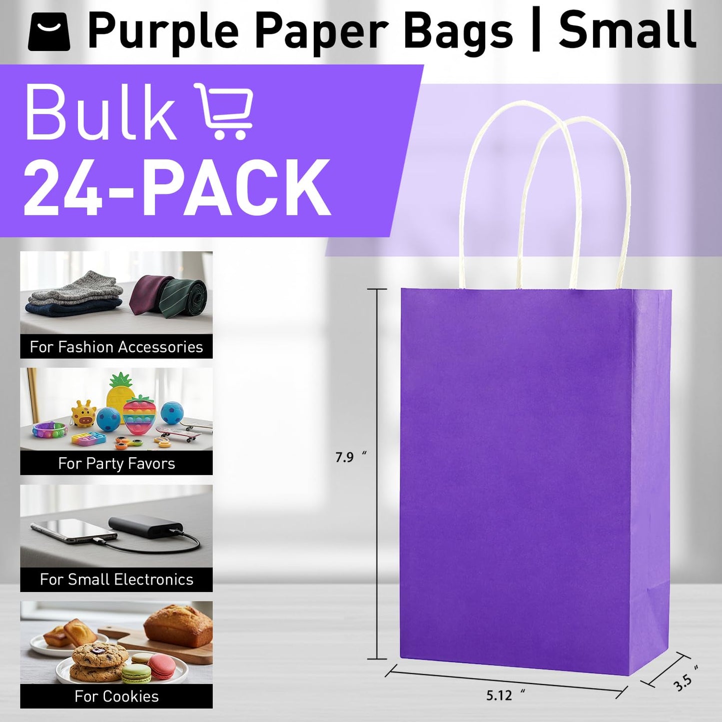 SUNCOLOR 24-Pack Purple Gift Bags with Handles – 8" Goodie Bags for Party Favor Bags, Birthdays, Weddings & Special Occasions (Purple)