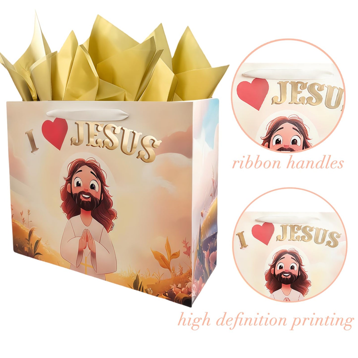 Pigeon Poros Baptism Gift Bag Set, Complete with Tissue Paper, Greeting Card & Envelope - Cute Chibi Jesus Design for Christian Gifts, Church Events, Religious Celebrations - 12.6x10.3x4.7 Inches, 1 Pc
