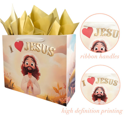 Pigeon Poros Baptism Gift Bag Set, Complete with Tissue Paper, Greeting Card & Envelope - Cute Chibi Jesus Design for Christian Gifts, Church Events, Religious Celebrations - 12.6x10.3x4.7 Inches, 1 Pc