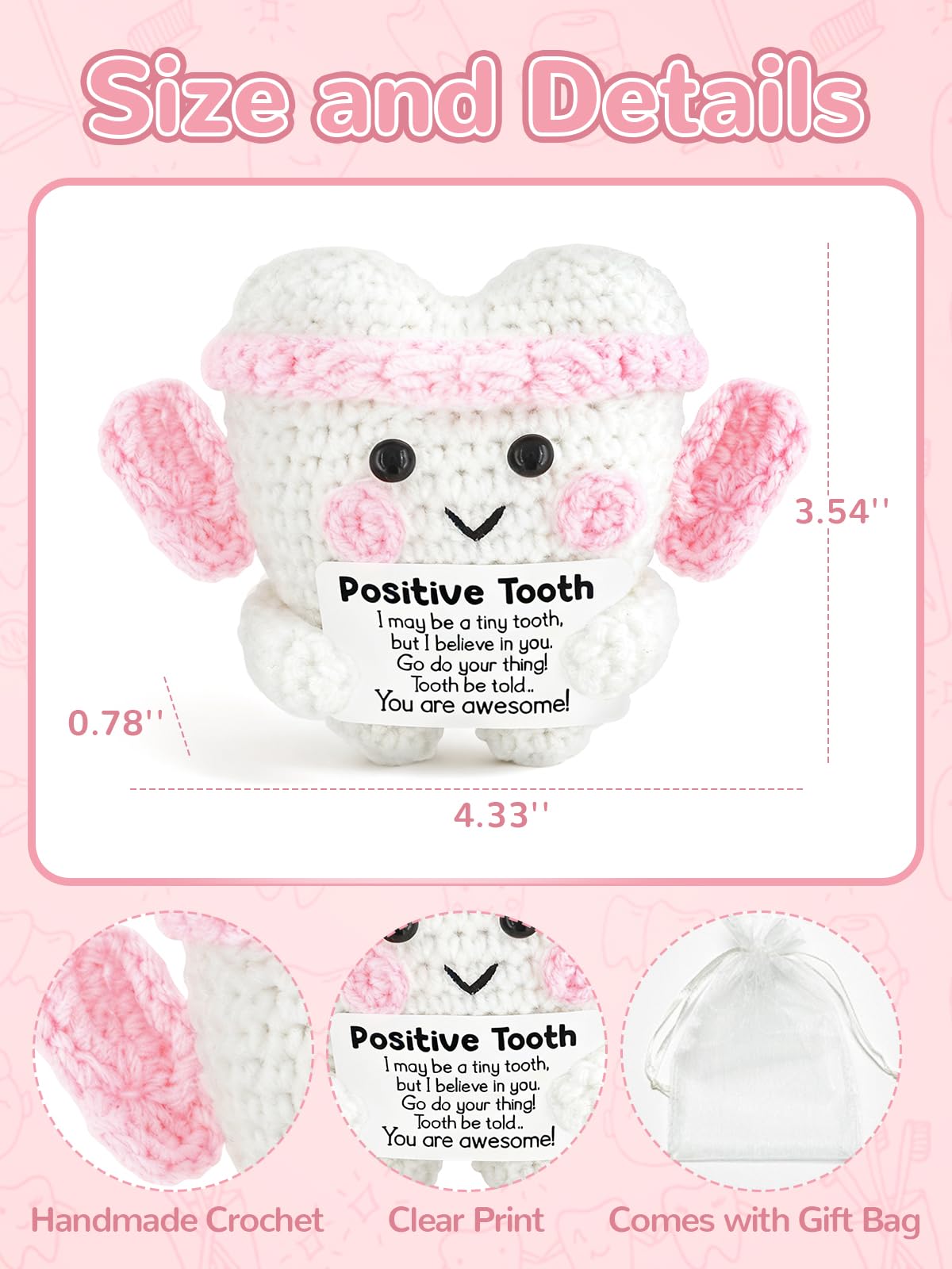 Dental Hygienist Gifts, Positive Crochet Tooth Dentist Gifts with Card for Women, Dental, Nurse, Assistant Inspirational Plush, Office Desk Decor, Easter Basket Essentials Stuffers