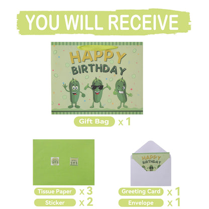 13'' Large Pickle Birthday Gift Bag Set with Handles, Greeting Card, Green Tissue Papers and Stickers for Women Boys Girls Kids Teens for Cucumber Birthday, Baby, Men, Vegetable Themed Design, 1 Pcs