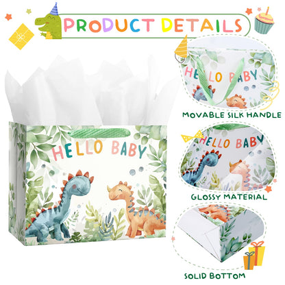 Linelglobal Dinosaur Gift Bag with Tissue Paper – Perfect for Boys, Girls, Kids' Birthdays & Baby Showers