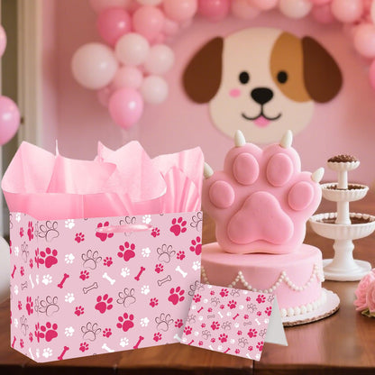Pink Dog Paw Print Gift Bag Large Dog Birthday Gift Bag Paw Print Wrapping paper with Tissue Paper and & Card for Girl Boy Young Puppy Party Decorations Pet Themed Celebrations Birthday Party