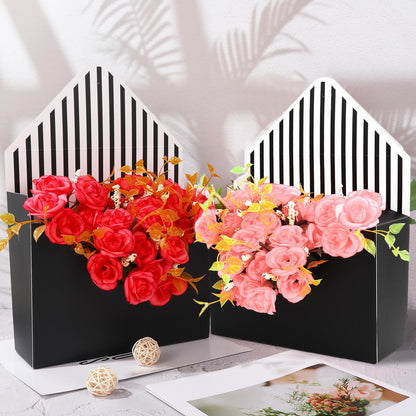FYSUIMU 9Pcs Mother's Day Floral Envelope Box Empty Flower Stripe Paper Box Florist Bouquet Packaging Box for Valentine's Day Wedding Birthday Party Arrangements, Black