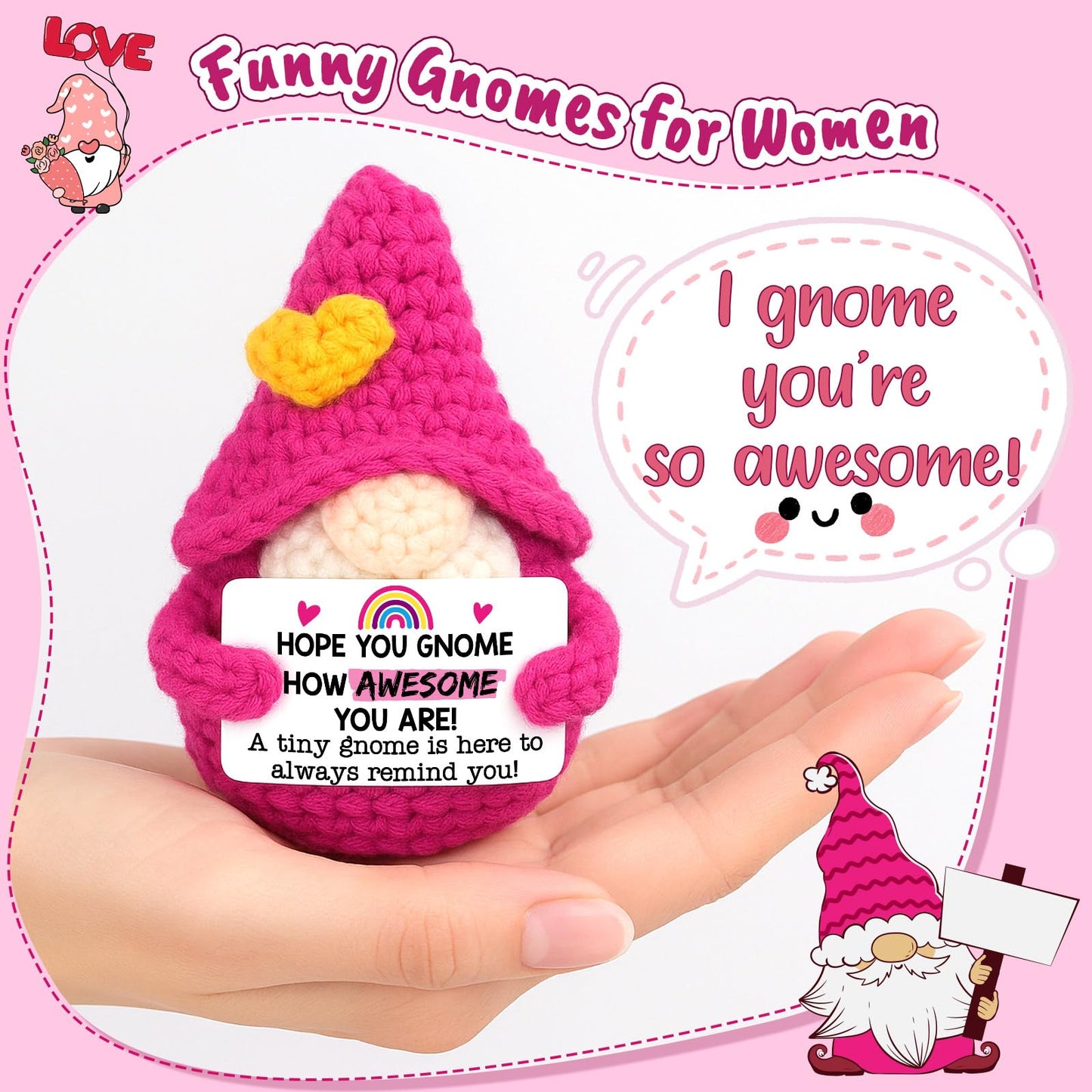 Inspirational Gifts for Women Girls - Funny Crochet Gnome Birthday Gift for Her College Friends Coworker Teen Girls Teacher, Stress Relief Cheer Motivational Positive Support Presents