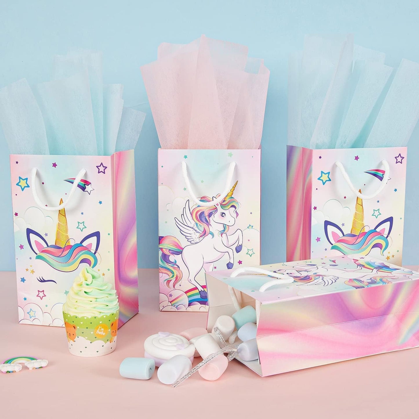 WERNNSAI 16PCS Unicorn Gift Bags - Rainbow Unicorn Party Supplies Goodie Bags for Girls Kids Birthday Unicorns Party Favor Bag with Handles Candy Treat Bag for Baby Shower Supplies