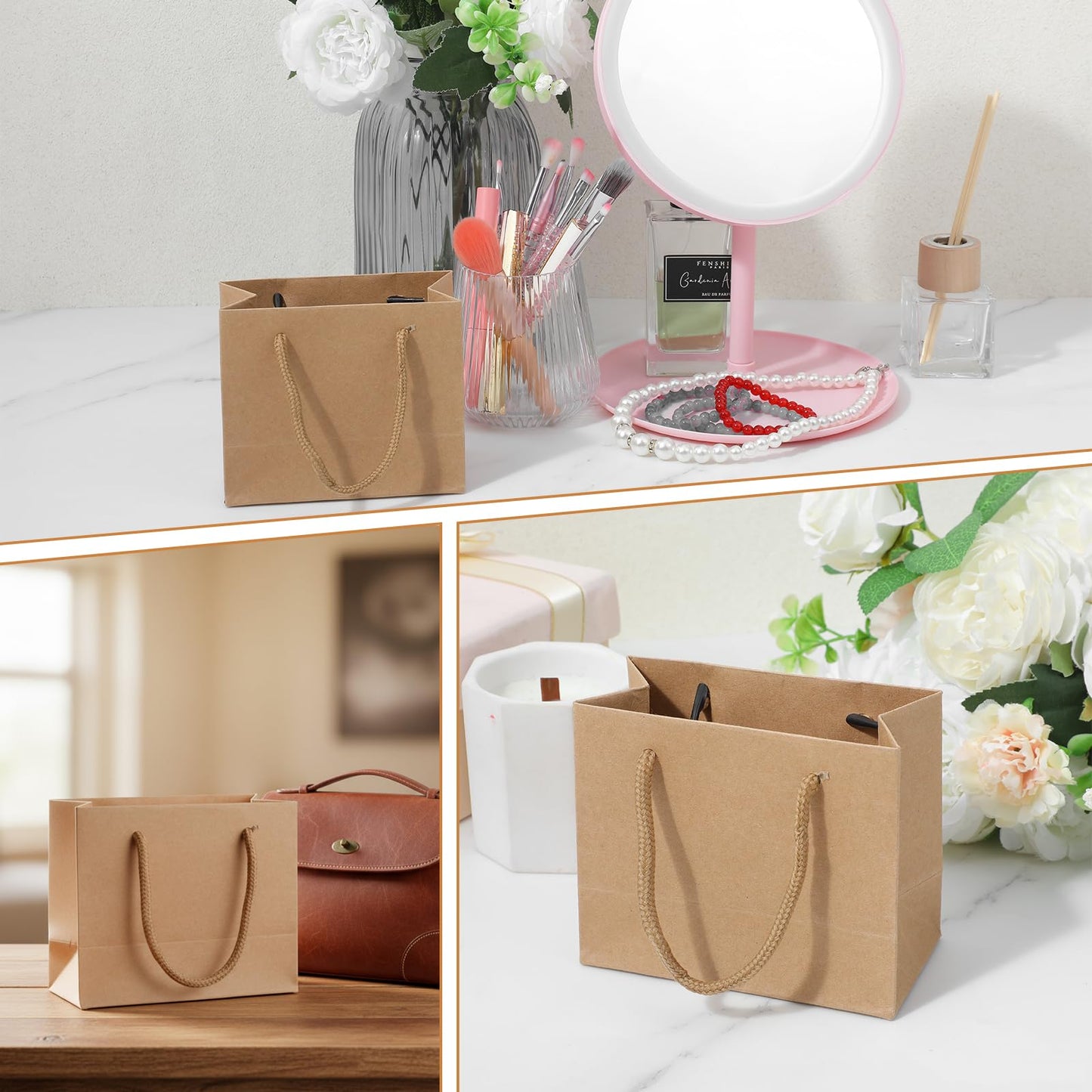 Caeuiciw 40 Pcs Brown Mini Gift Bags with Handle Gift Card Bags Bulk Extra Small Paper Party Favor Boxes Tiny for Christmas Wedding Baby Shower Birthday Wrapping Supplies, 4.7 x 3.9 x 2.3 Inches