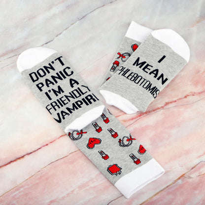 G2TUP Phlebotomist Socks Phlebotomy Technician Gift Don't Panic I'm a Friendly Vampire I Mean Phlebotomist Socks