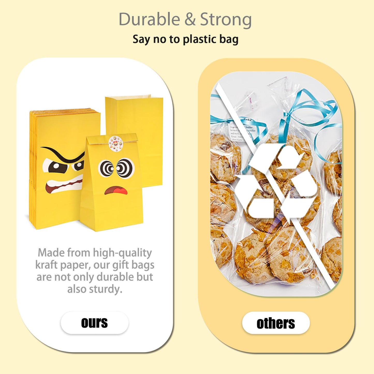 VGOODALL 24 Pack Funny Face Party Favor Bags with Stickers - 8.7"x4.7"x3.1" Yellow Expression Goodie Bags, Vibrant Cartoon Graphic for Kids Birthday, School Rewards & Gift Packaging