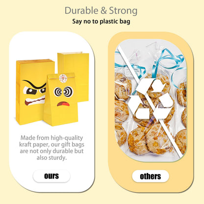 VGOODALL 24 Pack Funny Face Party Favor Bags with Stickers - 8.7"x4.7"x3.1" Yellow Expression Goodie Bags, Vibrant Cartoon Graphic for Kids Birthday, School Rewards & Gift Packaging