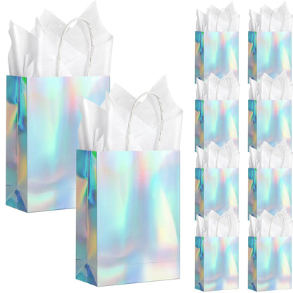 24 Pcs Iridescent Gift Bags Decorations, Holographic Foil Party Favor Bags with Handles, Glitter Paper Candy Goodie Bag with 24 Tissue Paper for Graduation Birthday Baby Shower Party Supplies