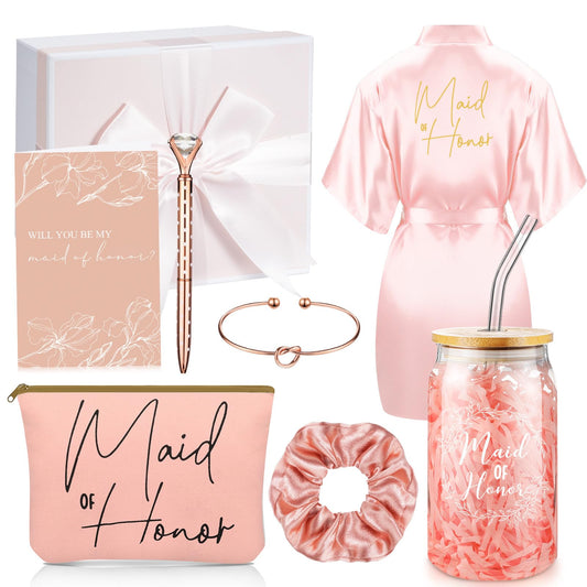 Irenare 8 Pcs Proposal Gifts Set Robes Makeup Bag Cup Cards Hair Tie Bracelet Diamond Pen Bridesmaid Gift Box(Pink,Maid of Honor)