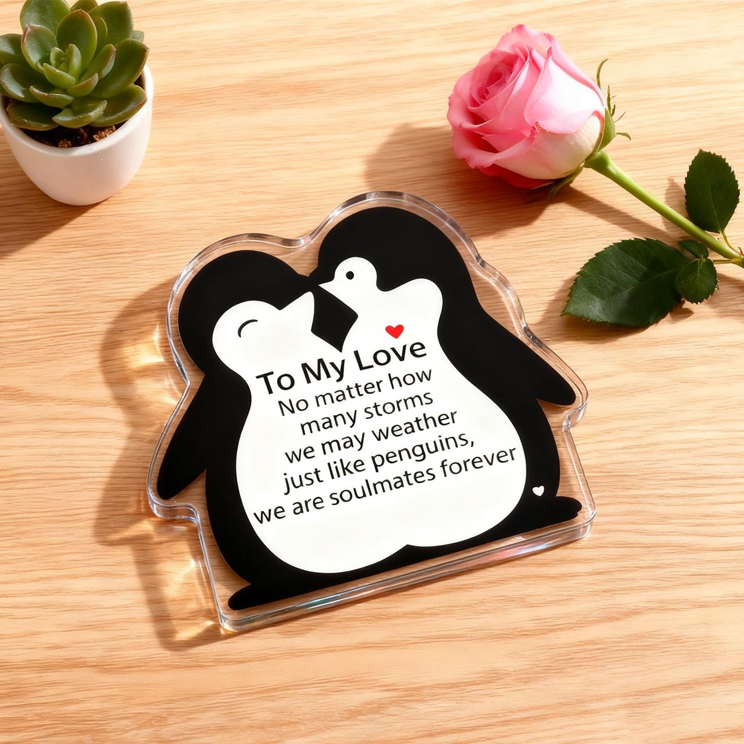 To My Love Romantic Gifts for Him/Her,Penguin Acrylic Engraved Plaque Sign Home Bedroom Kitchen Office Desk Shelf Decor 4*4*0.6Inch for Valentine's Day Anniversary Wedding Christmas Birthday Gifts