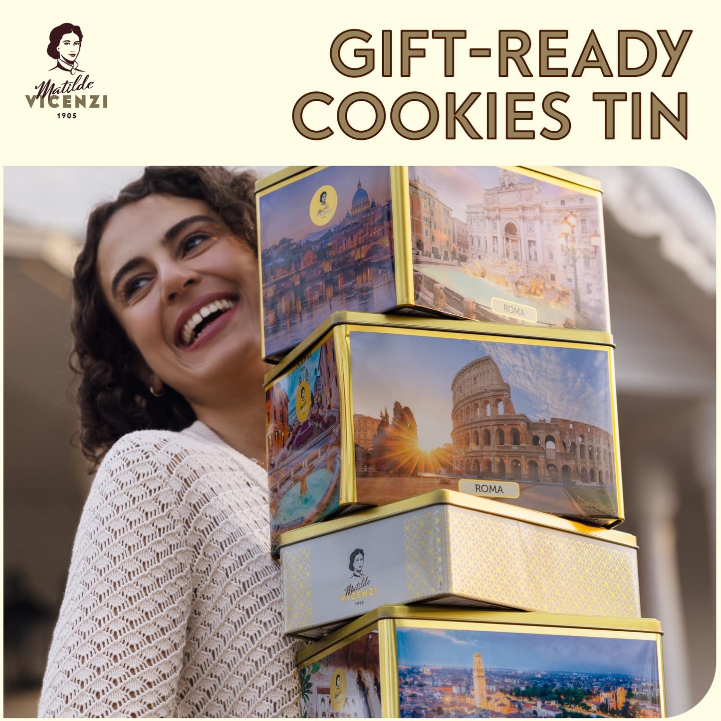 Matilde Vicenzi Roma Cookie Gift Tin - Pastries & Cookies in Individually Wrapped Trays - Gourmet Gifts For Father's Day, Teacher, Birthday - Assorted Cookies in Italian Design Tin 32.5oz (920g)
