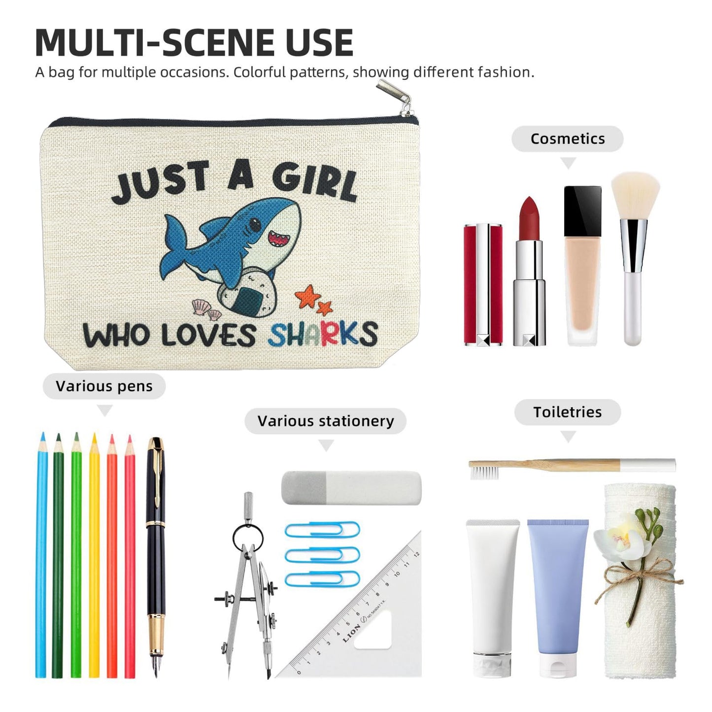 Shark Gifts for Women Makeup Bag, Cute Shark Themed Gifts for Shark Lovers Girls Kids Accessories, Just A Girl Who Loves Sharks Cosmetic Stuff Pouch, Birthday Christmas Decorations