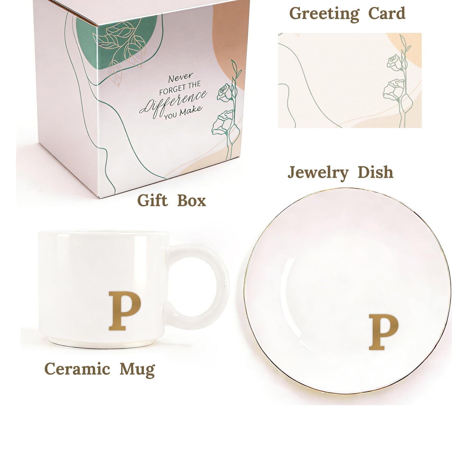 RainVibe Elegant Gift Set for Women – Personalized Monogram Ceramic Mug & Jewelry Tray – 12 oz Gold-Initial Coffee Cup with Gift Box, 4.75" Decorative Dish for Rings, Earrings, Keys (Letter P)