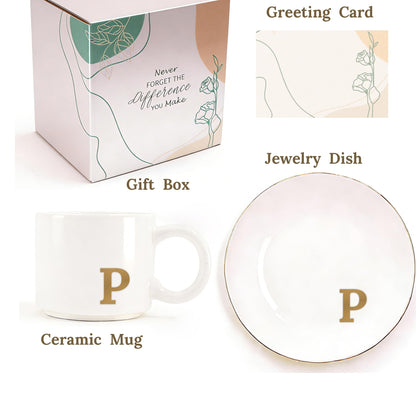 RainVibe Elegant Gift Set for Women – Personalized Monogram Ceramic Mug & Jewelry Tray – 12 oz Gold-Initial Coffee Cup with Gift Box, 4.75" Decorative Dish for Rings, Earrings, Keys (Letter P)