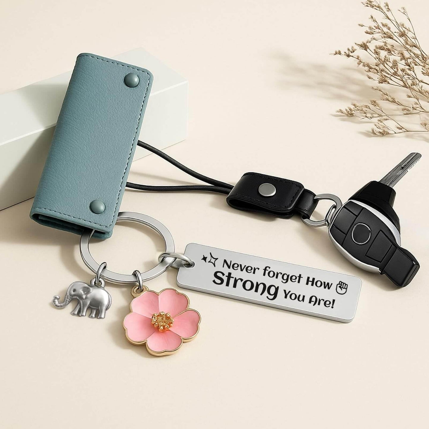 Bluradio Inspirational Keychain for Women, Motivational Gift “Never Forget How Strong You Are” Stainless Steel Keychain with Elephant & Flower Charms, Birthday Gifts for Women, Mom, Best Friend