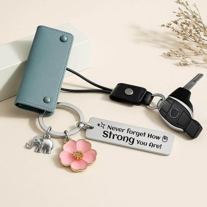 Bluradio Inspirational Keychain for Women, Motivational Gift “Never Forget How Strong You Are” Stainless Steel Keychain with Elephant & Flower Charms, Birthday Gifts for Women, Mom, Best Friend