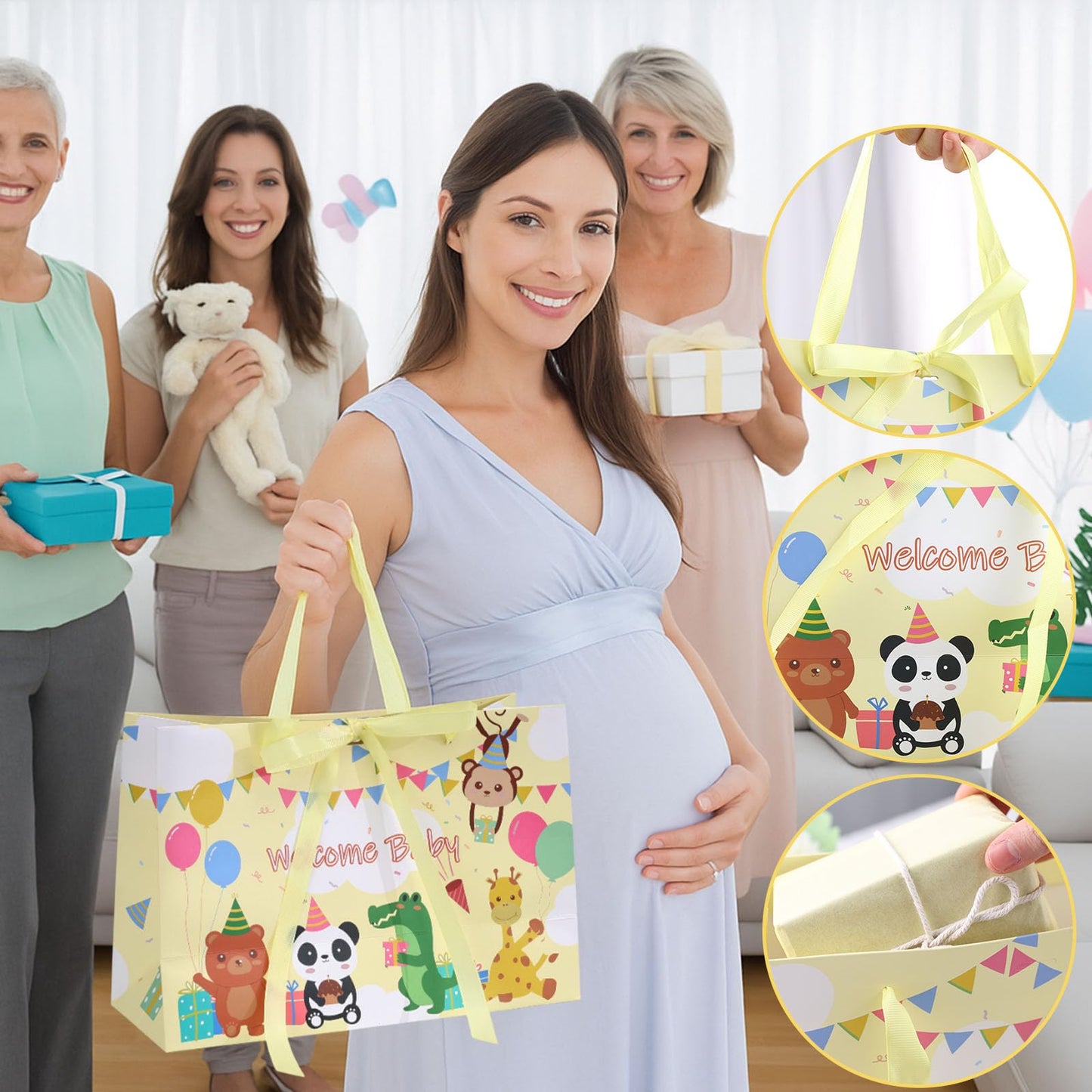 VGOODALL Gift Bag for Baby Shower, Yellow Paper Bag 12 x 4.7 x 8.3 Inches with 4 Tissue Paper and 1 Greeting Card for Newborn, Gender Reveal, Boys and Girls Party