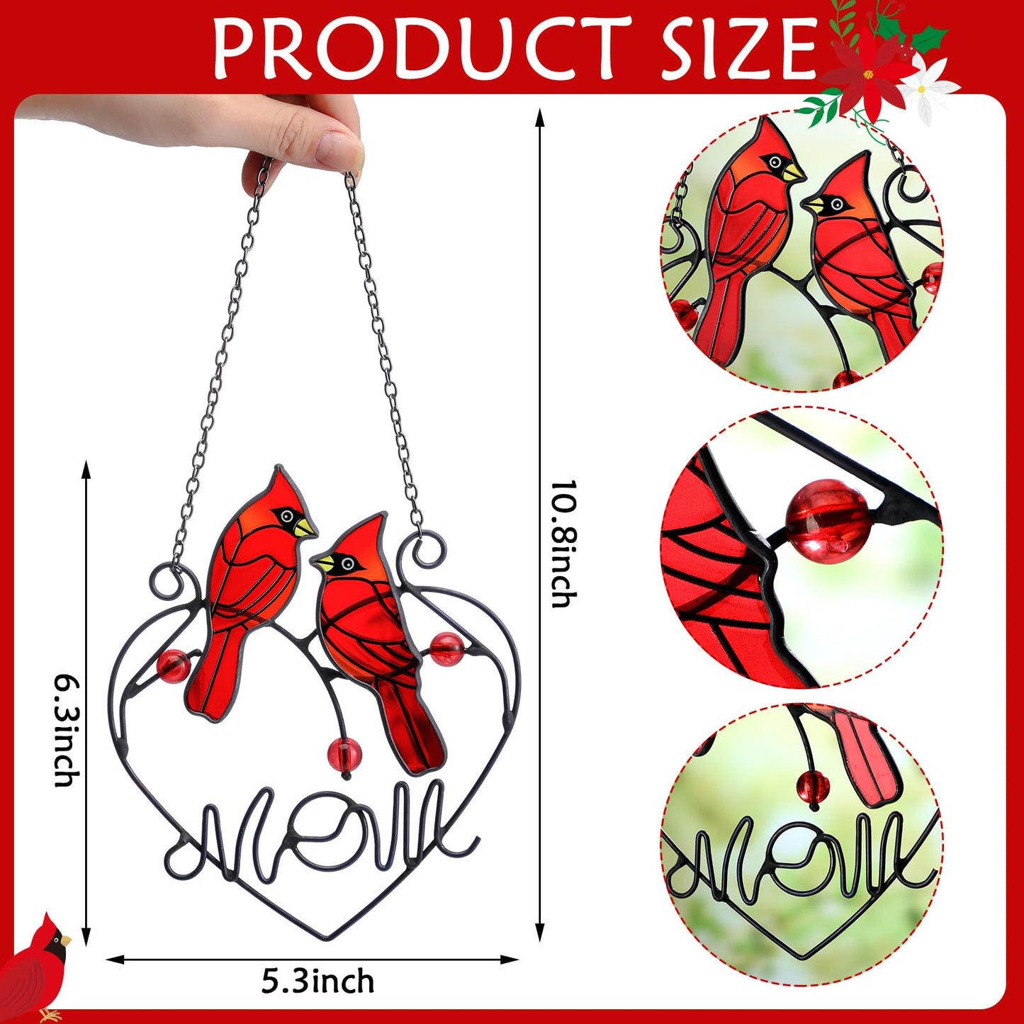Pasimy Cardinal Gifts Mothers Day Red Cardinal Stained Glass Bird Suncatcher for Women Memorial Gifts for Loss of Loved One Sympathy Hanging Ornament with Metal Chain for Window Front Door Wall