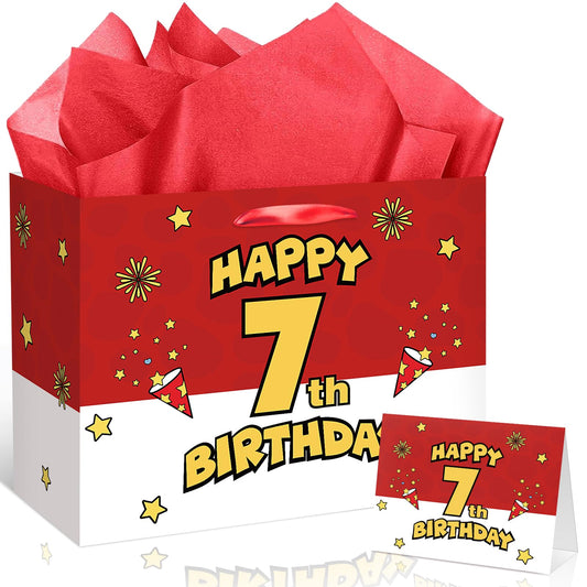 7th Birthday Gift Bag for Boys Red and White Comic Style Wrapping Paper Bag with 3 Sheets Tissue Paper Greeting Card for 7 Year Old Kids Birthday Party Decorations Gamer Themed Party Supplies