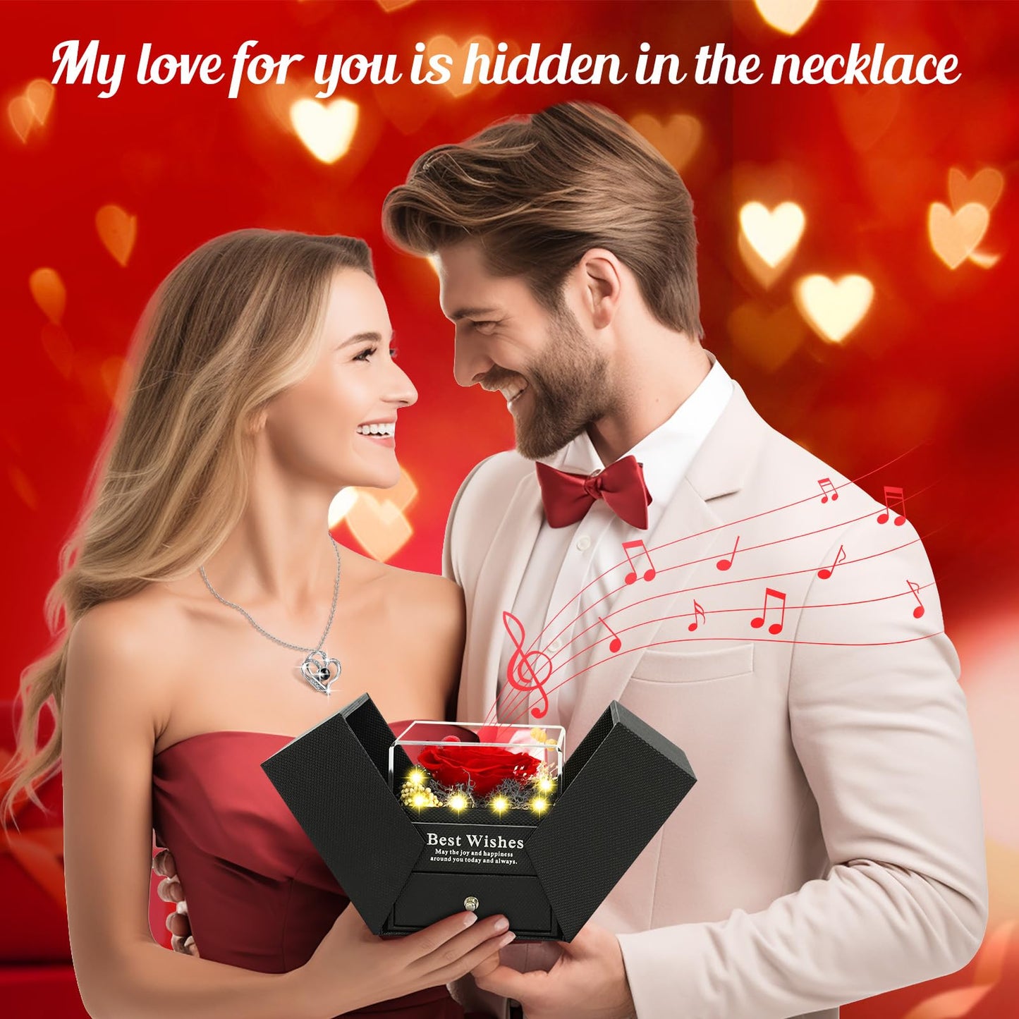 Pasuvsigt Mothers Day Mom Birthday Gifts for Women, Preserved Real Rose with I Love You Heart 100-Language Necklace, LED Lights & Music Box, Anniversary for Women Girlfriend Mom