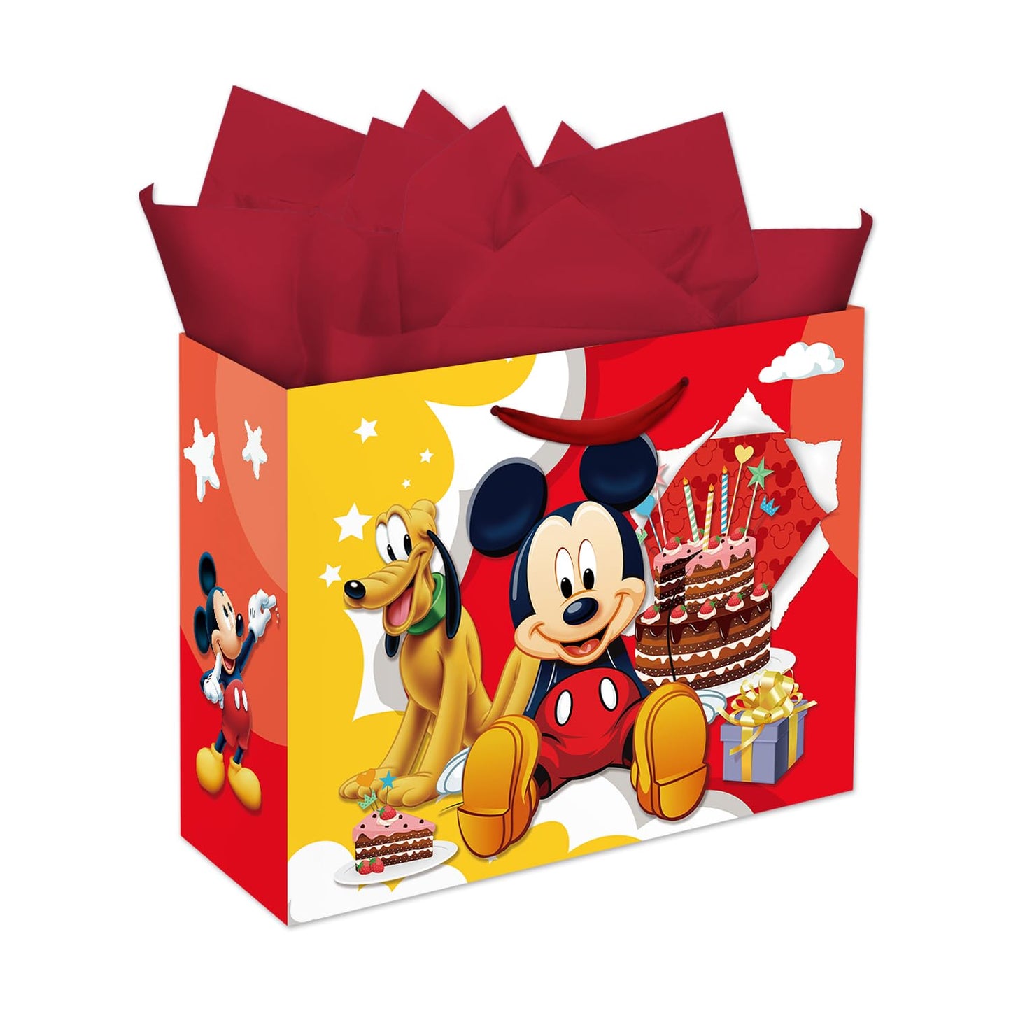 Zaprosze 4Pcs Mickey Birthday Gift Bag with Tissue Paper and Greeting Card Wrapping Paper Bags Large Themed Birthday Party Favor Bags for Girls Bday Baby Shower Mickey Party Supplies Decoration